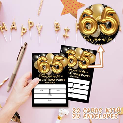 покани Картички на парти в чест на 65-годишнината на Черно-Златно Покана за Рожден Ден за възрастни, Двустранните покани за мъже /жени, Пълни с въздушни топки от злат?