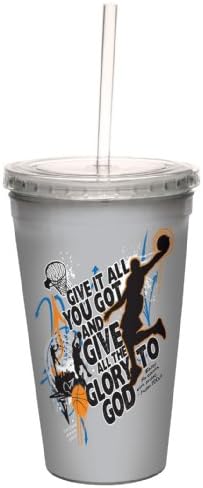 Безлесные Писма Glory Баскетбол: Псалм 100:4 Чаша Artful Traveler Cool Cup с двойни стени и многократно соломинкой, 16