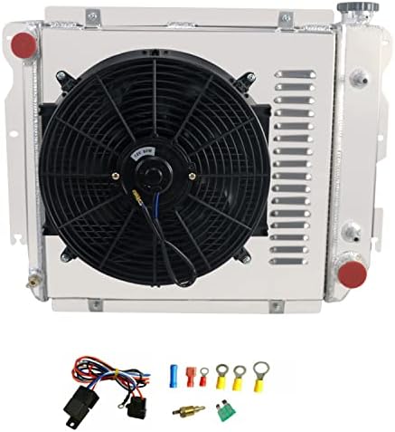 CW-AutoParts 4-Ред Основния Радиатор + Кожух на вентилатора и реле за Смяната на Jeep Wrangler YJ/TJ Chevy V8 1987-2006 година на Издаване, 4-ред охладител + вентилатор + комплект реле