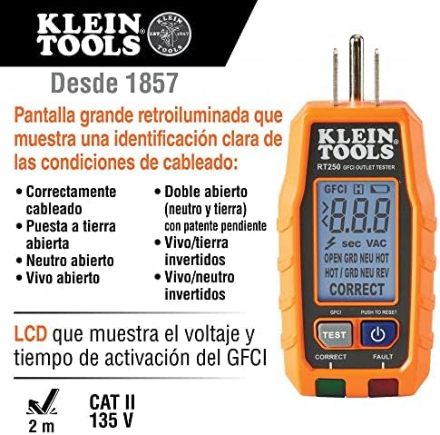 Klein Tools 32288 Отвертка с изолация, Набор от отвертки 8 в 1 Тестер за контакти RT250 GFCI с LCD дисплей, за стандартни 3-Жични електрически контакти с напрежение 120 На