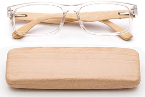 Очила за четене от естествен бамбук, пружинни панти, правоъгълен карти от естествен бамбук, с футляром