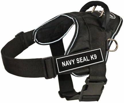 Шлейка Dean & Tyler Забавни Works Navy Seal K9, Голяма, е подходящ по размер на обиколката: от 32 до 42 инча, черна с светоотражающей тапицерия