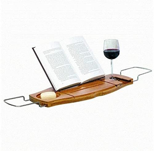 Поставка за вана SoGuDio, Тава за баня с поставка за книги, 70-96 см, с държач за чаши за вино, Прибиращ се, Натурална