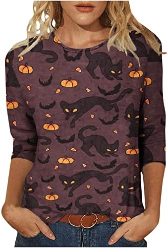 Дамски Памучен Тениска с Кръгло Деколте и 3/4 ръкав с Графичен Дизайн за Почивка на Хелоуин, Свободна Тениска, Лятна Есенна Риза за Дами 0D