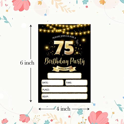 RLCNOT Покани Картички за 75-ти Рожден ден с Конвертами, Определени от 20 Класически Черно-Златни Покани на Парти в чест на рождения Ден, за юноши, Възрастни, Мъже, Жени, П?