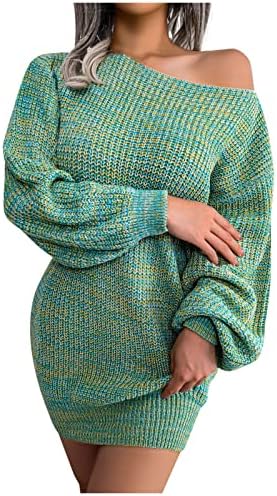 Дамски Плетени Рокли Зима-Есен и Всекидневното Цветастое Рокля-пуловер с открити рамене Тъмно лилав цвят