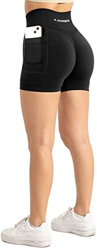 A AGROSTE Дамски Шорти за интензивна тренировка 3.6 инча с Джобове, Безшевни Спортни къси Панталони за Стягане на задните части, къси Панталони за Йога с Висока Талия
