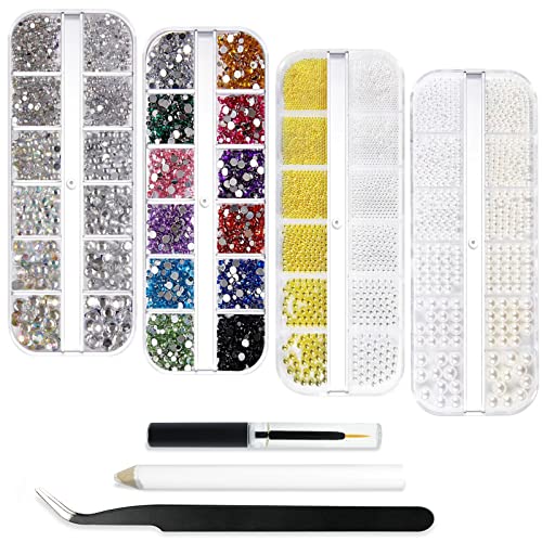 4 Кутии Набор от Ярки Мъниста за Дизайн на ноктите С Кристали - Кристални скъпоценни камъни за нокти, Диаманти и Перли, с Пинсети и Дръжка за Подбора на Страз