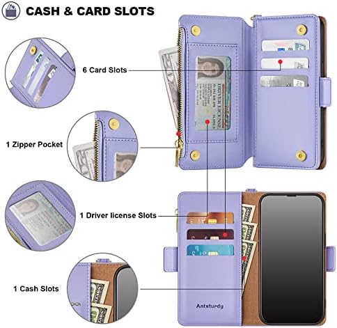 Antsturdy за iPhone 12 Pro 6,1 Чанта-портфейл 【Заключване RFID】【Джоб с цип】【7 Слотове за карти 】 Защитен калъф-награда от Изкуствена кожа с панти на капака, държач за кредитни