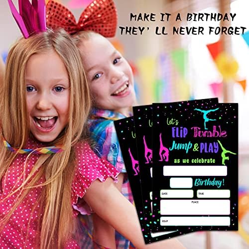 Покани, Картички за рожден ден, неонови гимнастика ISOVF 4 x 6 С конвертами (20 групи) - Flip Сушилни Jump & Play - Покана