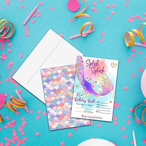 Покана за рожден Ден във формата на русалки YQV за момичета, Покани за рожден ден в пликове на 20 души, Розови декорации
