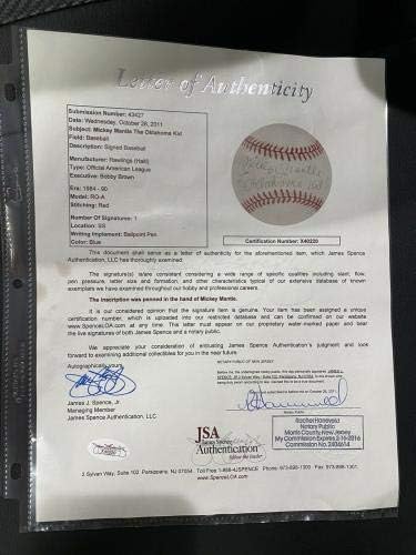 Мики Мэнтл От Оклахома Кид Подписа Договор С Sweet Spot Baseball JSA LOA - Бейзболни Топки с Автографи