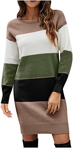 HgNAY Женствена Рокля-Пуловер с дълъг ръкав от Цветен Блок 2022, Модни Ежедневните Свободни Разтеглив, Зимни Плетени Рокли-Пуловери