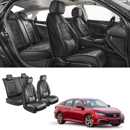 Калъфи за автомобилни седалки Filluck от изкуствена кожа с лумбална покритие, Покривала за автомобилни седалки -2021 Honda Civic Седан/хечбек LX EX (Пълен комплект, черен)