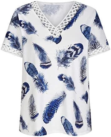 Графична Блуза-Риза за Жени Есен-Лято 2023, Лейси Памучен Тениска с Къс Ръкав и Дълбоко V-Образно деколте, Риза с Пера,