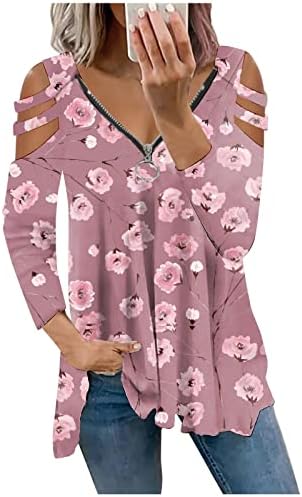Жена Случайни Пуловер с V-образно деколте и открити Рамене, Оборудвана Свитшот с Дълъг Ръкав и Цветна Принтом, Топ, Тениски, Блузи
