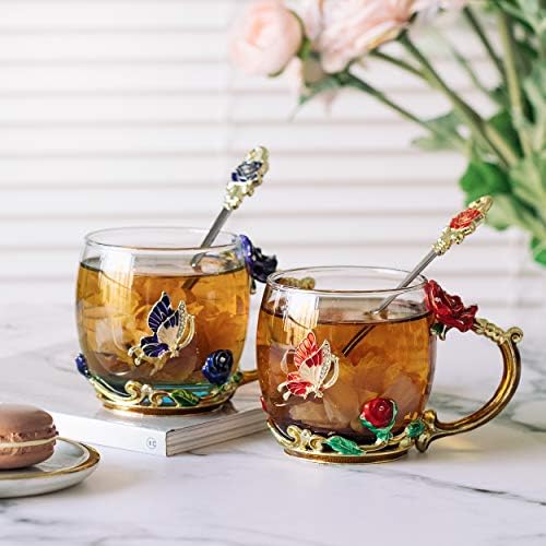 BTAT - Чаша за чай с цветя, опаковки от 2, 11 мл, Стъклена Чаша за чай, Чаша за чай, Чаша с цветя, с Чаша за чай с пеперуди,