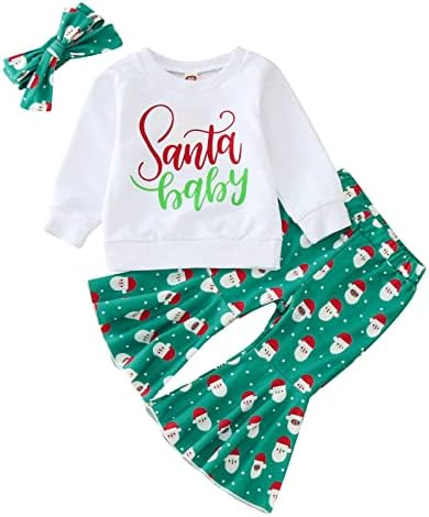 Детски подарък за Близначки, Коледна тениска с дълги ръкави и писмото принтом на Дядо Коледа за Малките Момичета, Блузи (Зелен, 2-3 години)