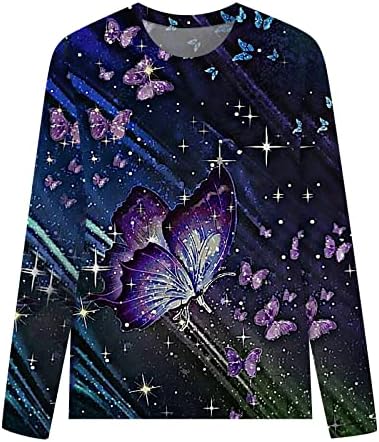 KCJGIKPOK Дамски Ризи с дълъг ръкав, Модна Тениска с кръгло деколте и Цветисти Принтом Пеперуди, Ежедневни Свободна Блуза,