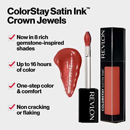 Течна червило REVLON ColorStay Ink Satin Crown Jewels, Стабилна и Водоустойчива цвят за устни и Овлажняващ крем формула