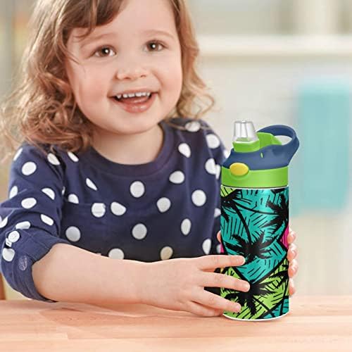 Бебешко Шише за вода Palm Trees, Не Съдържа BPA Бутилка за Вода от Неръждаема Стомана с Вакуумна Изолация и Сламена Капак,