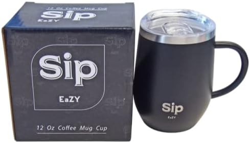 Чаша от неръждаема стомана Sip Eazy BLACK двустенни 18/8, дръжка и капак, 12 унции - топли Напитки до 6 часа на студено до 24 часа - Кафе, чай, бира, вода, вино - Доставят в опаковка