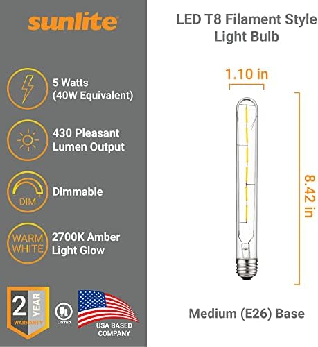 Тръбна лампа с нажежаема жичка Sunlite 80482 Т8 LED, 5 W (еквивалент на 40 Вата), 430 Лумена, Средна база E26, с регулируема яркост, 214 мм е в списъка на UL, Топъл бял 2700 К, 1 брои