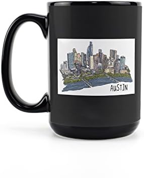 Фенер Press Остин, Тексас, Градски пейзаж, Линейна рисунка (Черна керамична чаша за кафе и чай по 15 унции, може да се мие в миялна машина и микровълнова печка)