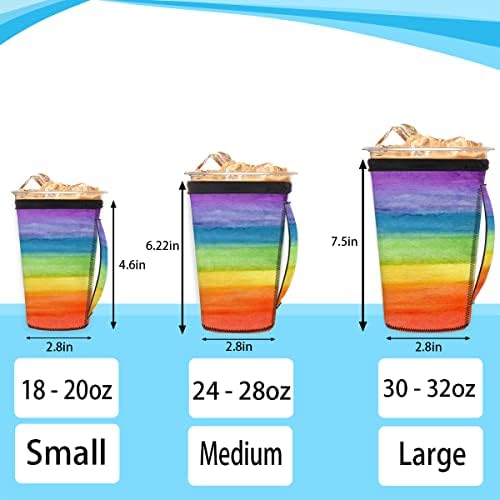 За многократна употреба ръкав за кафе с лед в цветна ивица на Абстрактното Изкуство Rainbow с дръжка От Неопрен за Напитки, кафе лате, Чай, Напитки, Бира (Голям 30-32 унция)