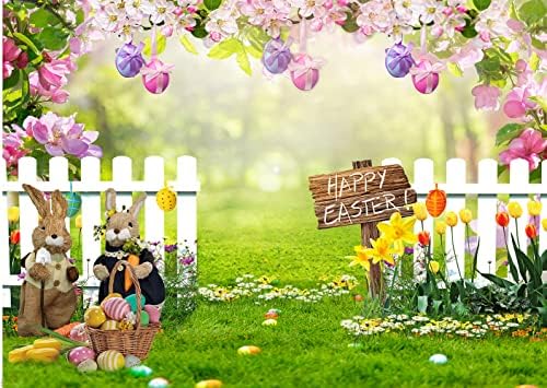 ЧАЯ 10X8 ФУТА Великден Фон Пролетта на Дворна Ограда Зелена Трева Пъстри Яйца Фон За Снимки на Цветя Заек Украса за Великден