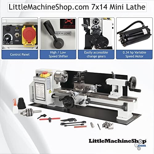 LittleMachineShop.com Мини струг за метал 7 x14 - Мини струг с променлива скорост на въртене, която включва 3 3-челюстта чък, 2 комплекта камери и ключ за патронник (1014)