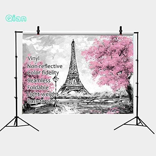 Циен 9x6 фута Розови Цветя, Дървета Айфеловата Кула на Фона на Снимка на Грей Париж Подпори За фото студио Банер Сватба