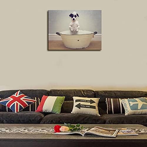 Плакат За Баня с Кучето, Сладко черно-бяло Куче, Стоящи В Банята, Щампи Върху Платно, Монтиране на Изкуството За Домашен