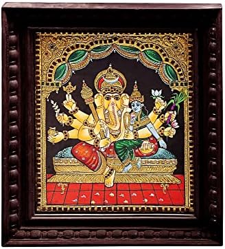 Екзотична Индия от 12 x 14 Ганеша, Владика просперитет, Танджорская картина | Традиционните цветове С 24-Каратово злато | Тиково дърво