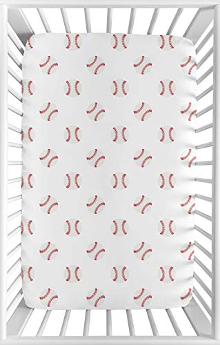 Sweet Jojo Designs Червено-Бяла Мини Преносим Чаршаф за креватче за най-малките момчета с бейзболна нашивкой Спортна