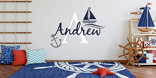 Потребителско име и Инициали на лодки и котвата - Морска тема - За най-малките момчета - Стикер на стената в детската стая и за декорация на детски стаи - Стенни карти?