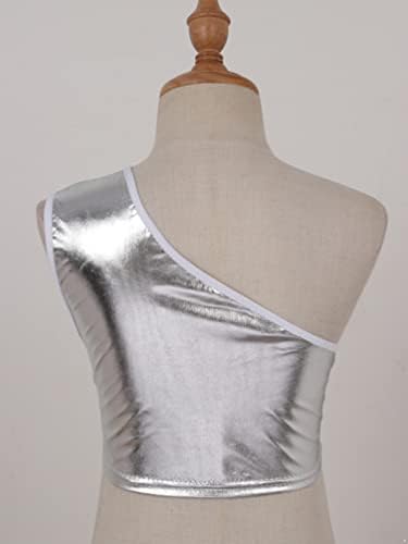 Jugaoge / Детски Блестящи Спортни Блузи с метален модел за момичета, съкратен Блузи Без ръкави, с едно рамо, Спортна Жилетка, Танцови Върхове, Сребро 9-10 Години