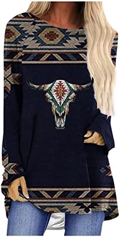 Тъмно Синя Дамска Есенно-Годишната Графична Блуза С Дълъг Ръкав, Модни Памучен Средновековна Риза с Кръгло Деколте за Жени 1X 1X S