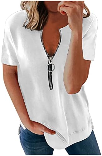YUNDAN/ Дамски Тениски с къс ръкав и V-образно деколте, Лятна Свободна Ежедневни Тениска с цип, Патриотични Блузи с Флага