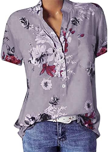 Дамски Блузи Летни Ежедневни Ризи Henley, Тениска с V-образно деколте и копчета, Свободна Блуза С Флорални Принтом, Върхове, Красиви Ризи Свободно Намаляване на