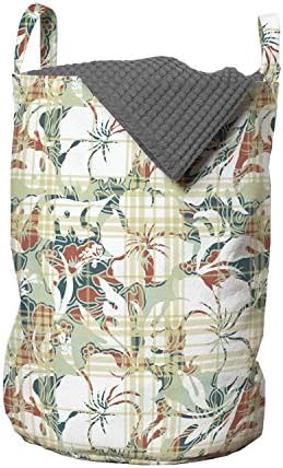 Екзотична чанта за дрехи Ambesonne, Цветя, хибискус, на фона на кариран шотландки, Традиционен Хавайски Дизайн, Кошница за дрехи с дръжки, закрывающаяся на шнур, за пране