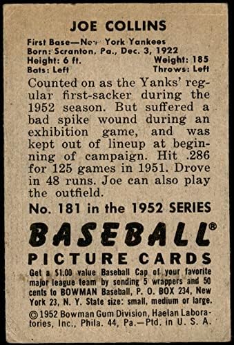 1952 Боуман Обикновена бейзболна картичка 181 Джо Колинс от Ню Йорк Янкис Клас Добър