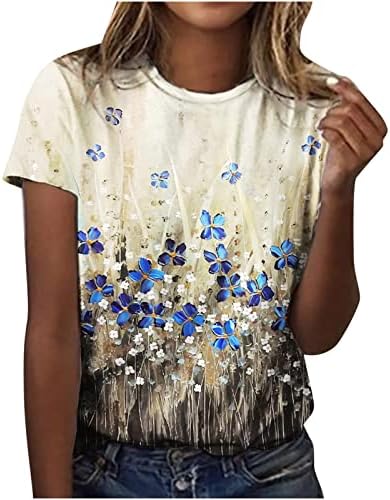 Блуза с Къс ръкав, Тениска за Жени, Лятна Есен Облекло, Модни Памучен Тениска с Кръгло Деколте и Цветен Модел Тениска