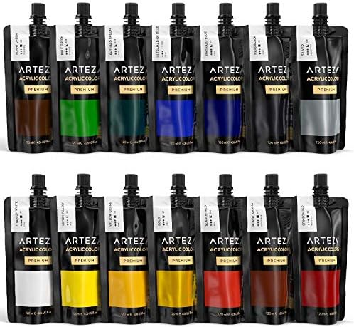 Акрилни Бои ARTEZA 14 Цветове и Опъната Платно, Опаковки от 12 Опаковки, Пособия за рисуване за художници, Артисти-хоби
