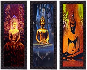 eCraftIndia Комплект от 3 Медитиращи Буди Сатен Матова Текстура UV Художествена Живопис