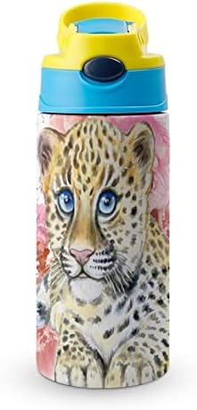 Бутилка за вода Със Сламка Сладък Леопард Изолировал Вакуумную Чаша 500 ml От Неръждаема Стомана За Училище