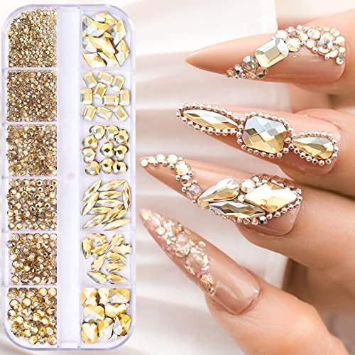 Wintrade 1130 бр. Златни Кристали за нокти, Дизайн на нокти, Crystal с Плоска задна част, в Различни Форми, Златен Диамант,